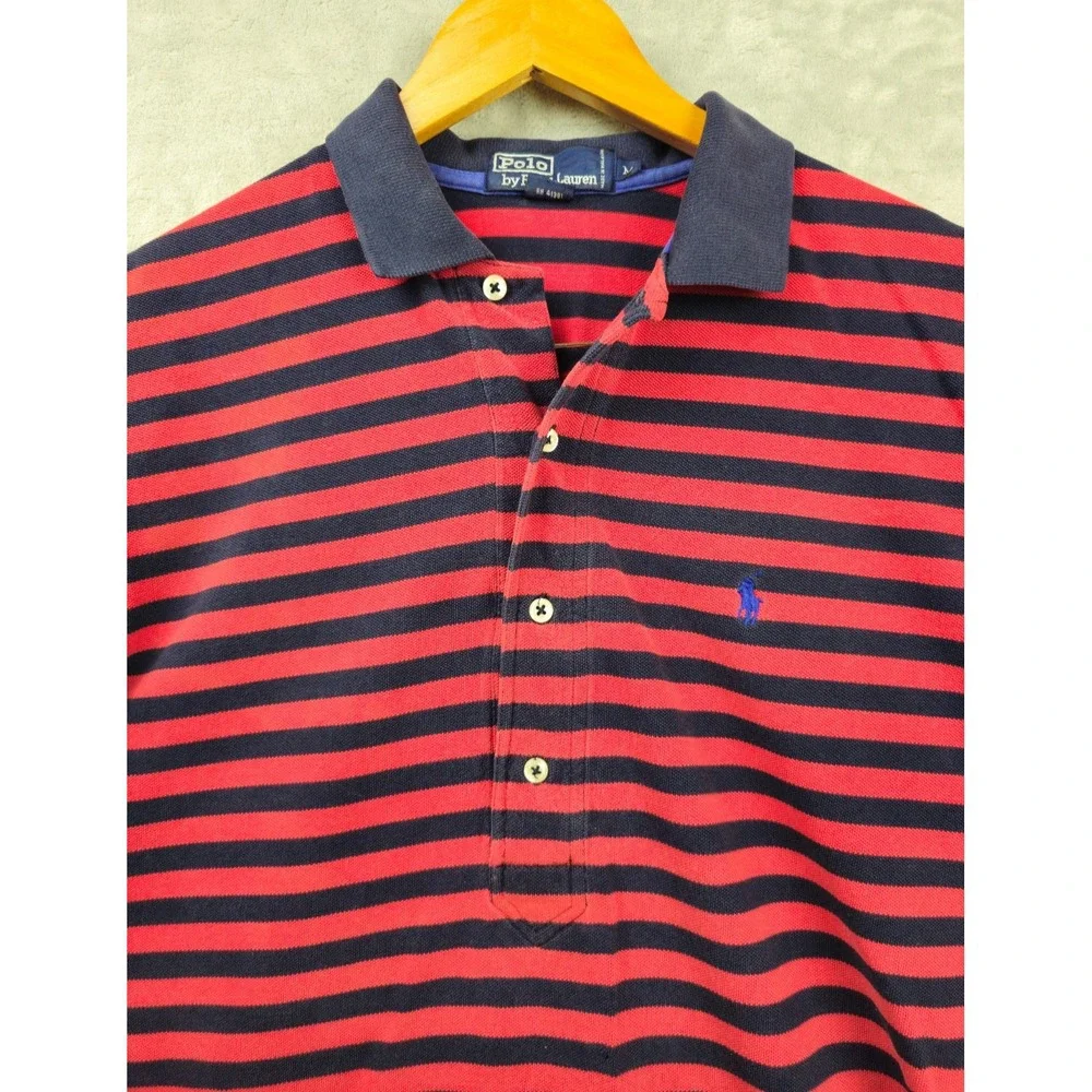 Vintage‎ Polo Ralph Lauren 4 Button Polo Shirt Mens Medium Red Striped Rare 90s